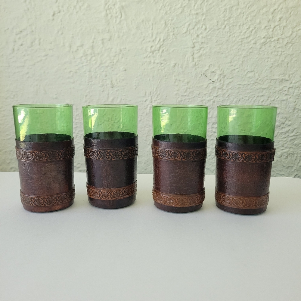 Green Glass Embossed Leather Wrapped Wine/spirits 4 1/2” Glasses Set Of 4.